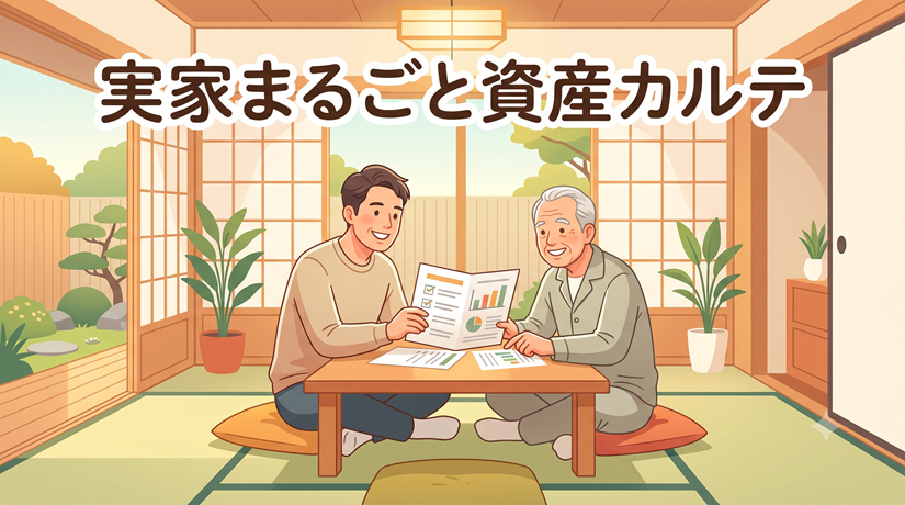 実家まるごと資産カルテ|親子で実家の財産一覧を確認しているイラスト